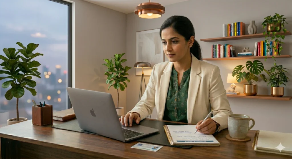 Professional reviewing corporate insurance premium details on laptop.