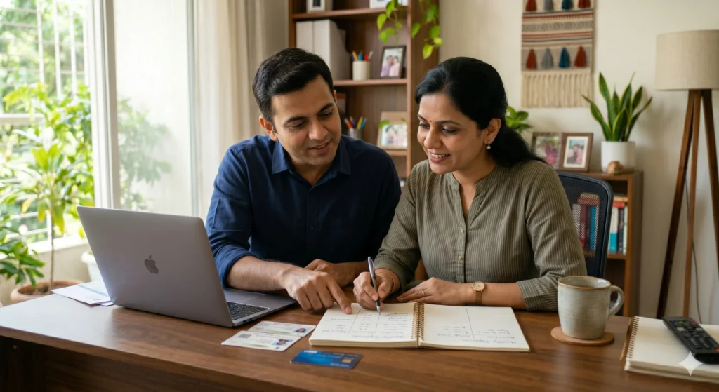 Couple planning finances and managing money together. 