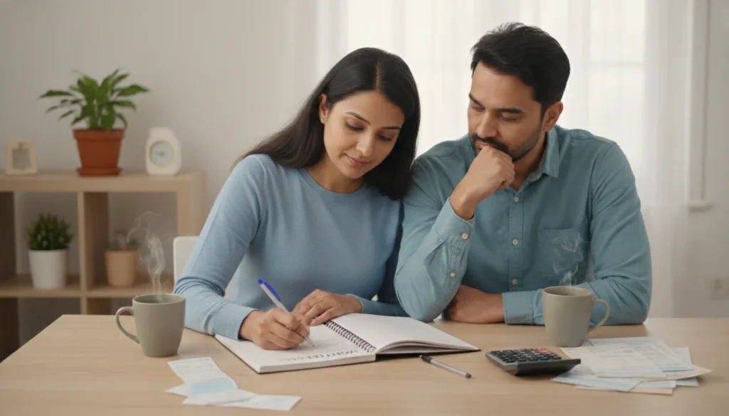 Couple planning monthly budget including insurance payments.
