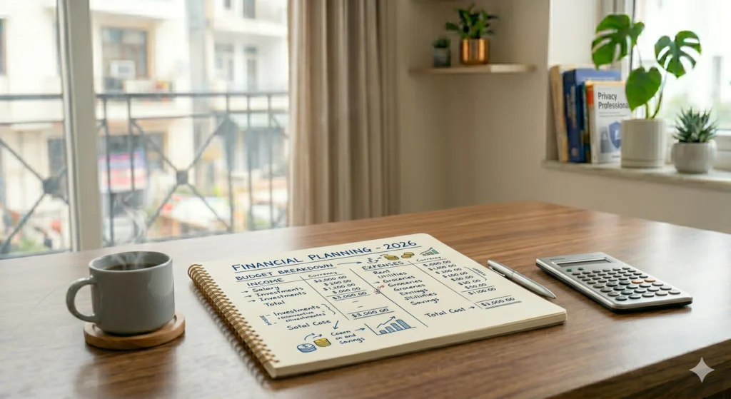 Financial planning notes with budget and calculator on desk.