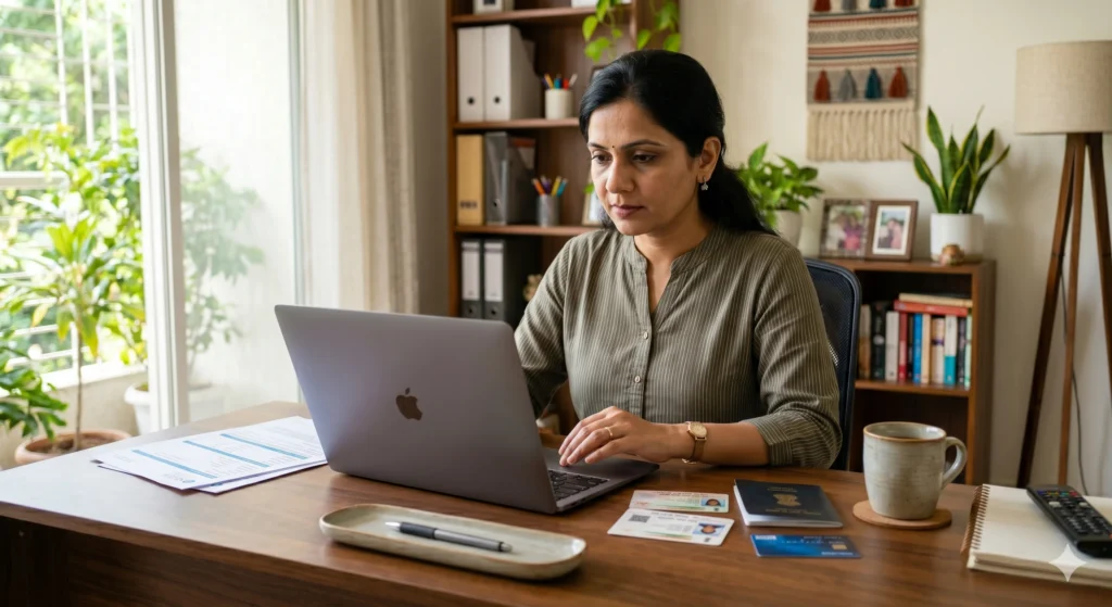 Person applying for loan against insurance policy using laptop. 