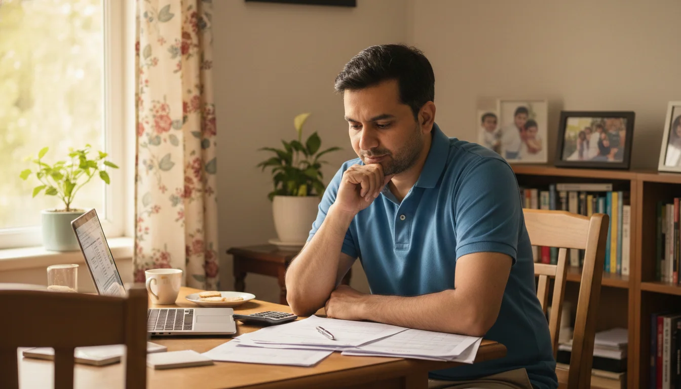Man reviewing life insurance policy and financial options at home.