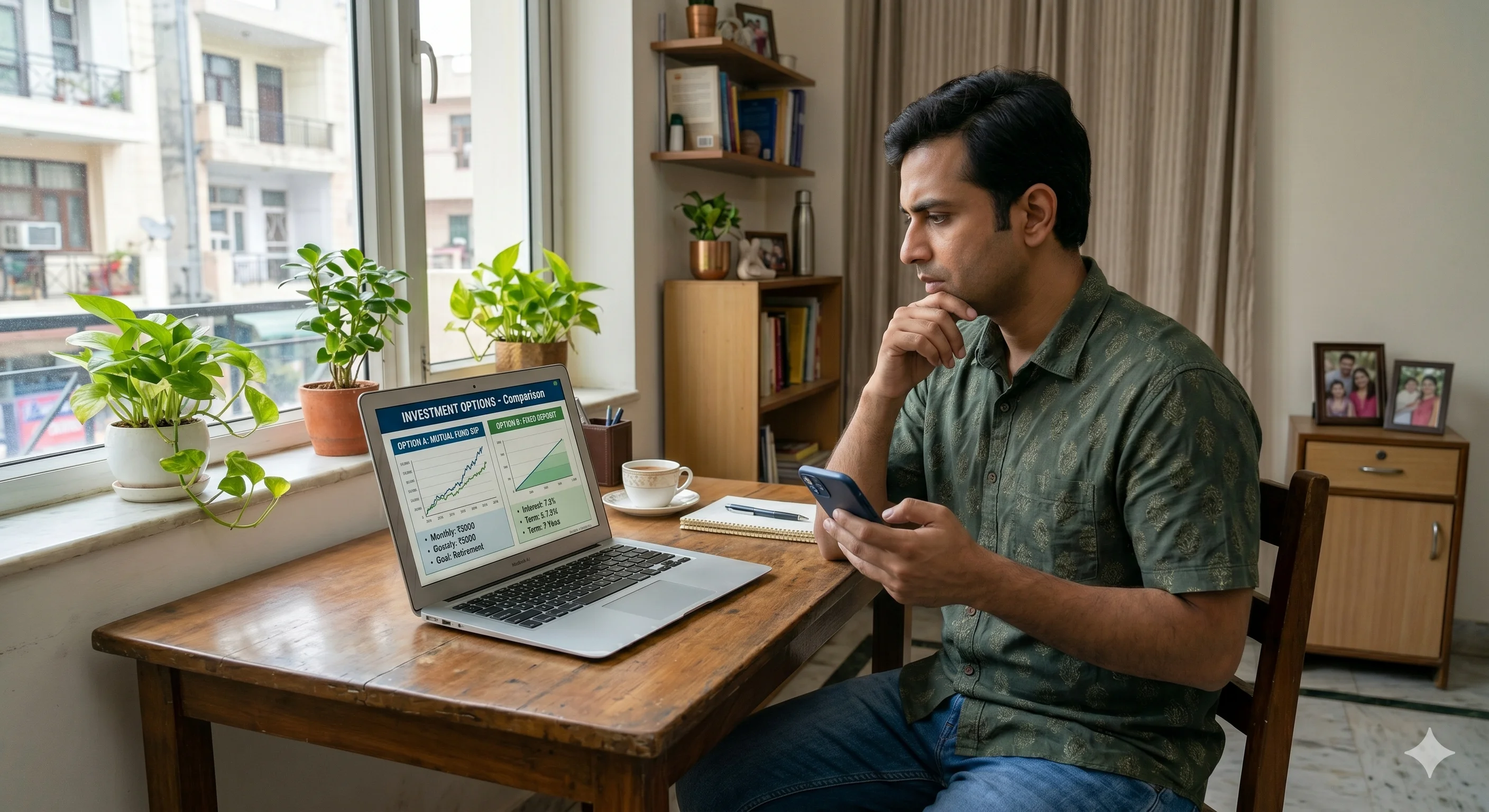 Man comparing loan options on laptop at home.