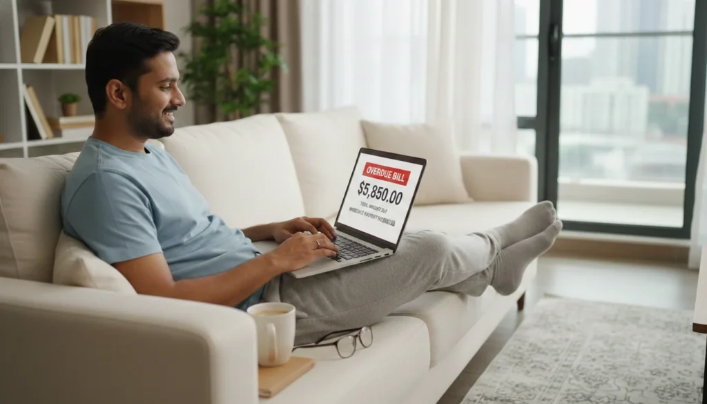 Man comfortably managing insurance payments through EMI on laptop.
