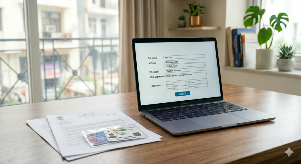 Online loan application form on laptop with documents.