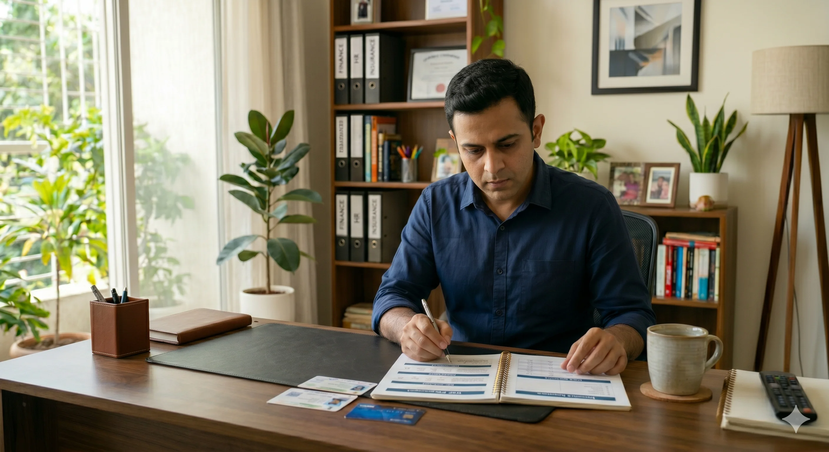 Business professional reviewing corporate insurance and financial documents.