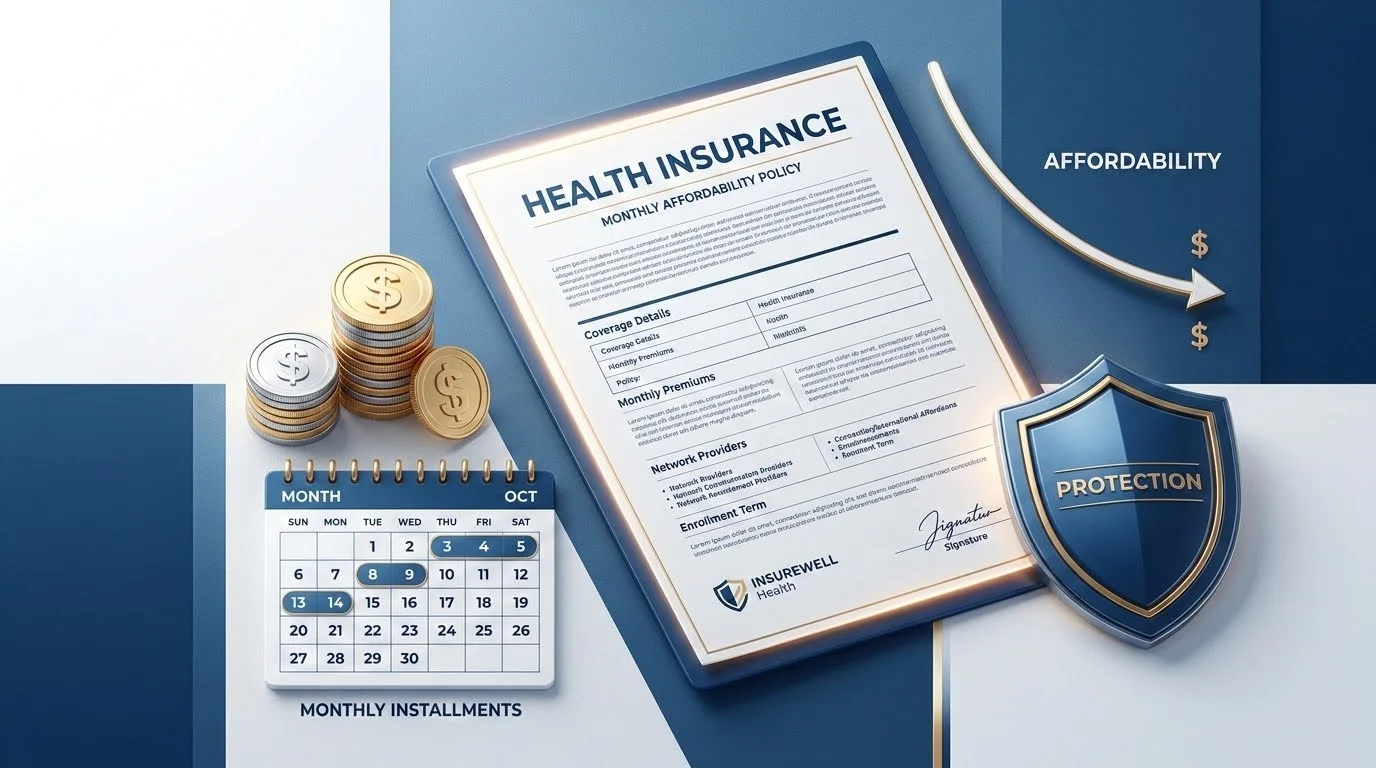 Health insurance premium broken into monthly EMI payments illustration.