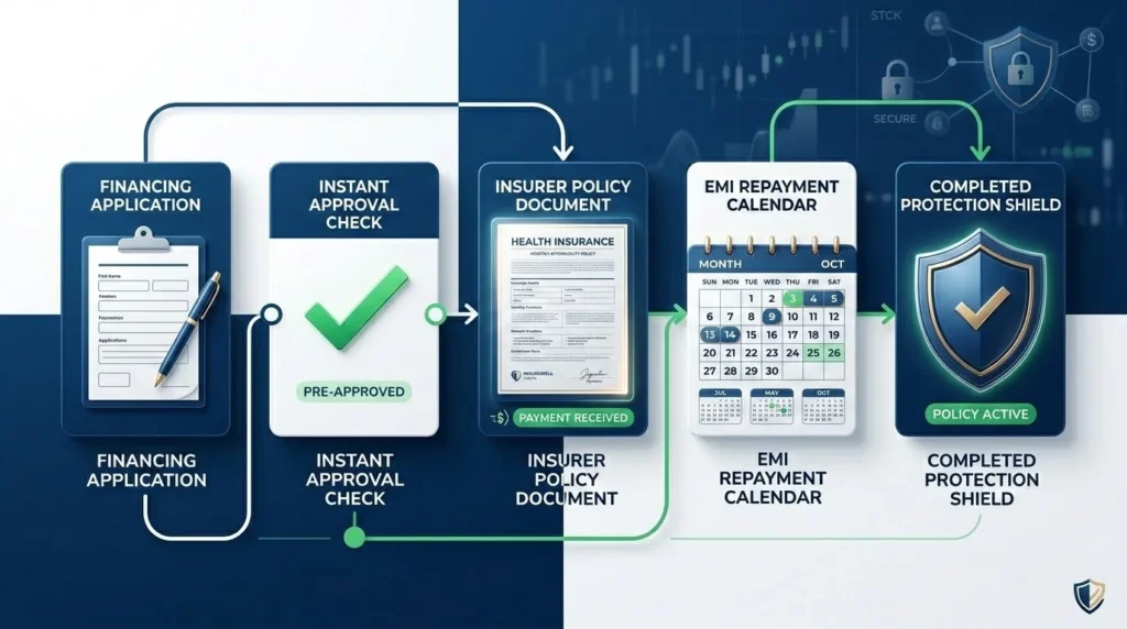 Insurance premium financing process flow with EMI and approval steps.